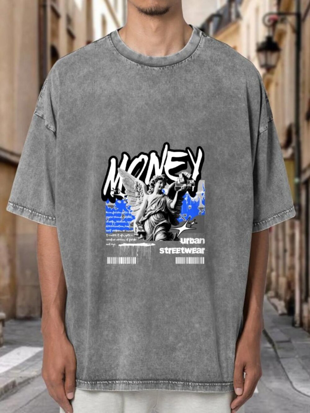 Money Angel Statue Blue Graffiti Streetwear T-shirt SCTBKJ6MAZ02